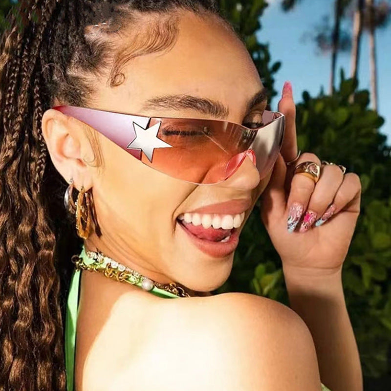 Trendy Y2K Frameless Pentagram Sunglasses – Unique One-Piece, Instagram-Worthy Statement Shades