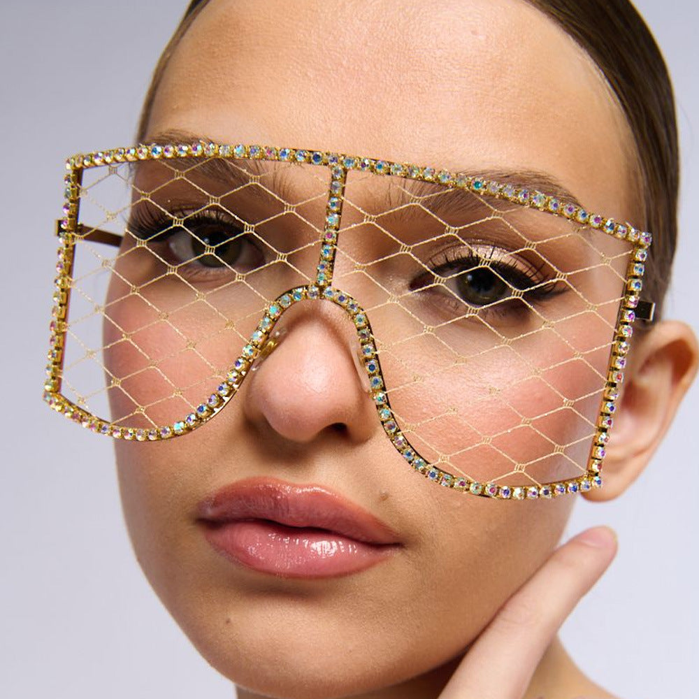 Geometric Grid Eyeglass Frames – Trendy Rhinestone Cutout Lensless Street-Style Design
