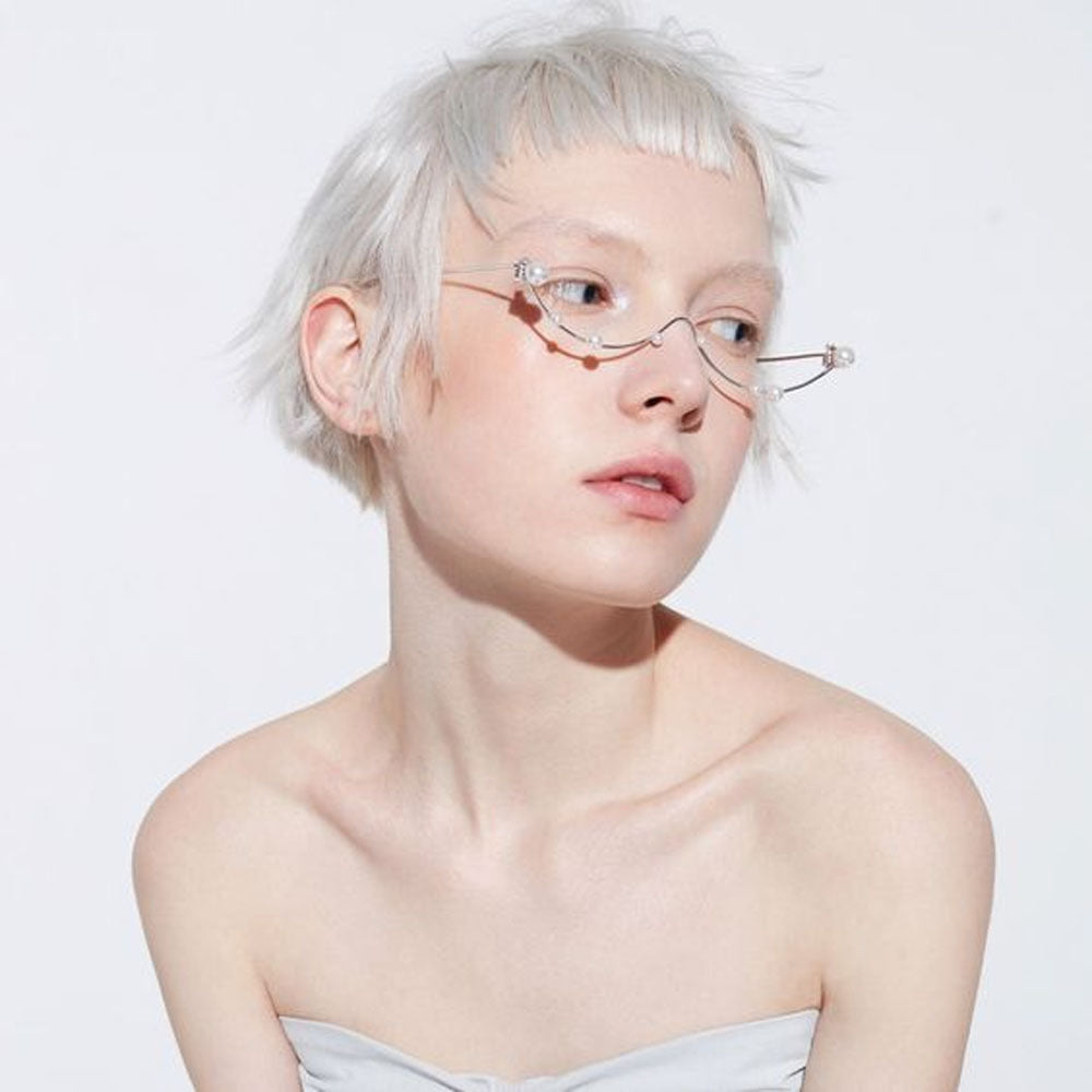 Pearl-Studded U-Shaped Eyeglass Frames – Punk-Inspired Asymmetrical Lensless Design