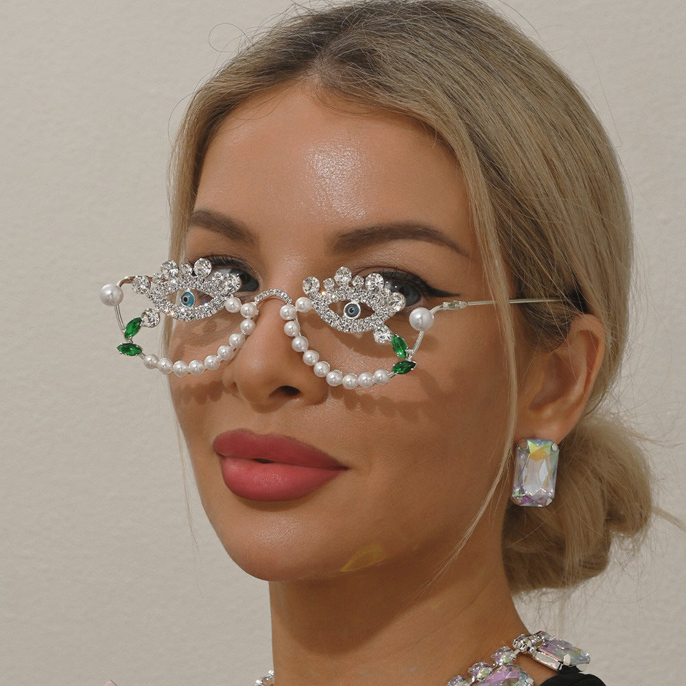Star-Shaped Rhinestone Eyeglass Frames – Lensless Asymmetrical Fringe Street-Style Design