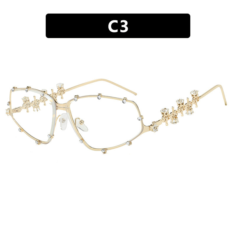 Trendy Diamond-Studded Oversized Glasses Frames – Unique Flat Lens Design, Street Style Fashion Eyewear