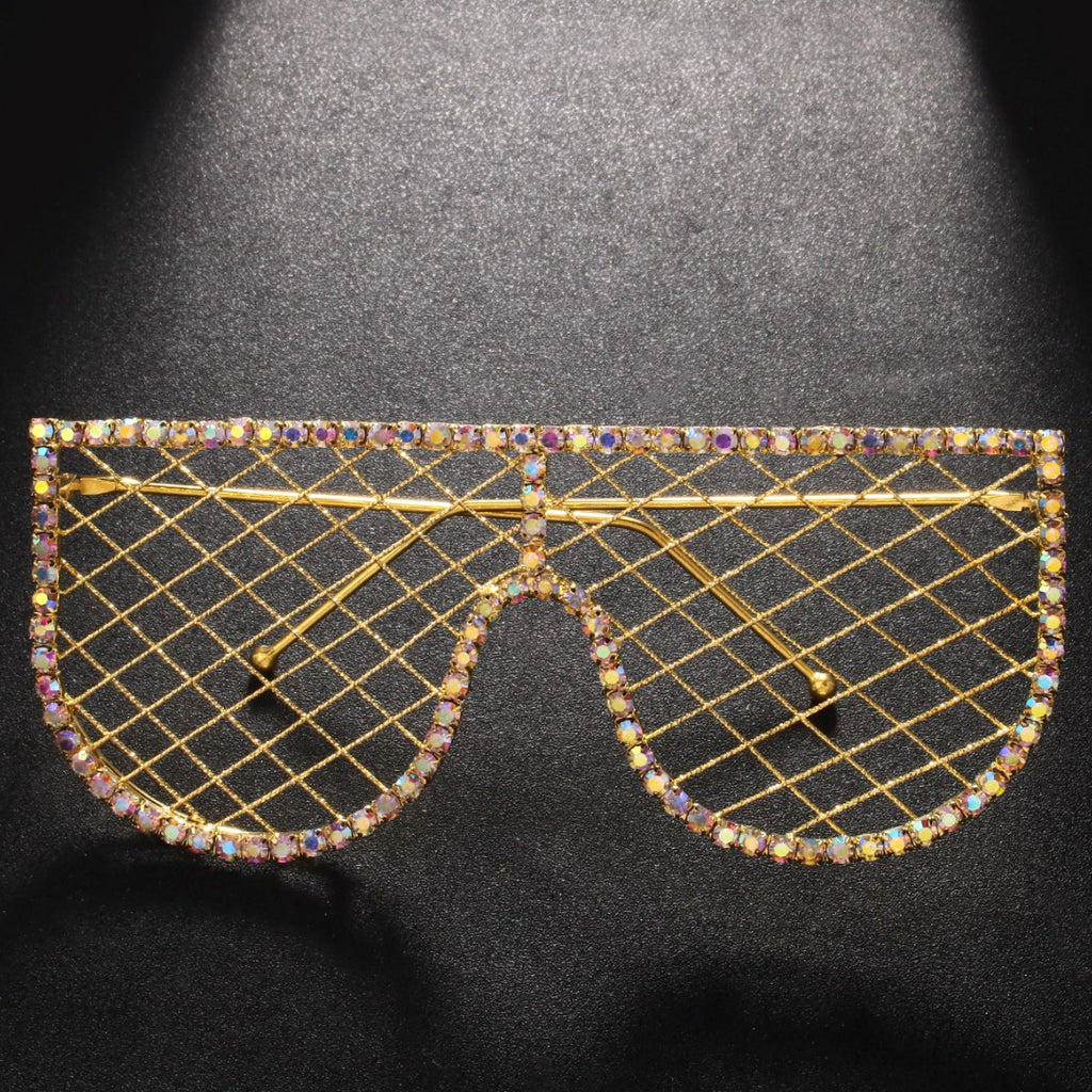 Geometric Grid Eyeglass Frames – Trendy Rhinestone Cutout Lensless Street-Style Design