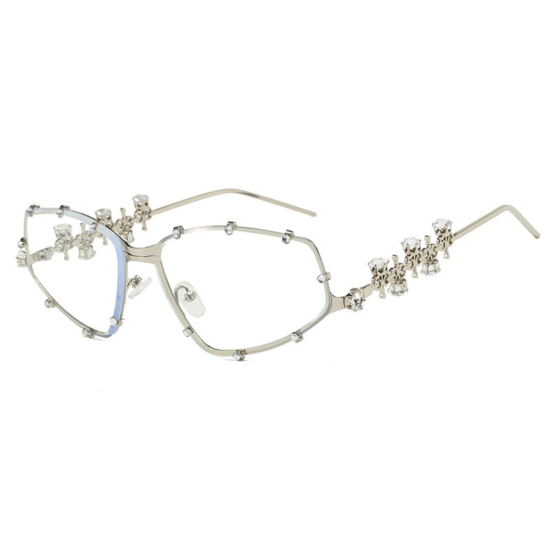 Trendy Diamond-Studded Oversized Glasses Frames – Unique Flat Lens Design, Street Style Fashion Eyewear