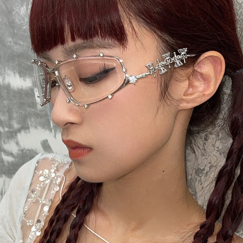 Trendy Diamond-Studded Oversized Glasses Frames – Unique Flat Lens Design, Street Style Fashion Eyewear