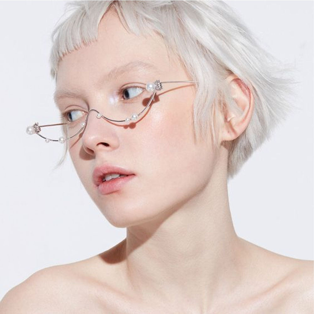 Pearl-Studded U-Shaped Eyeglass Frames – Punk-Inspired Asymmetrical Lensless Design