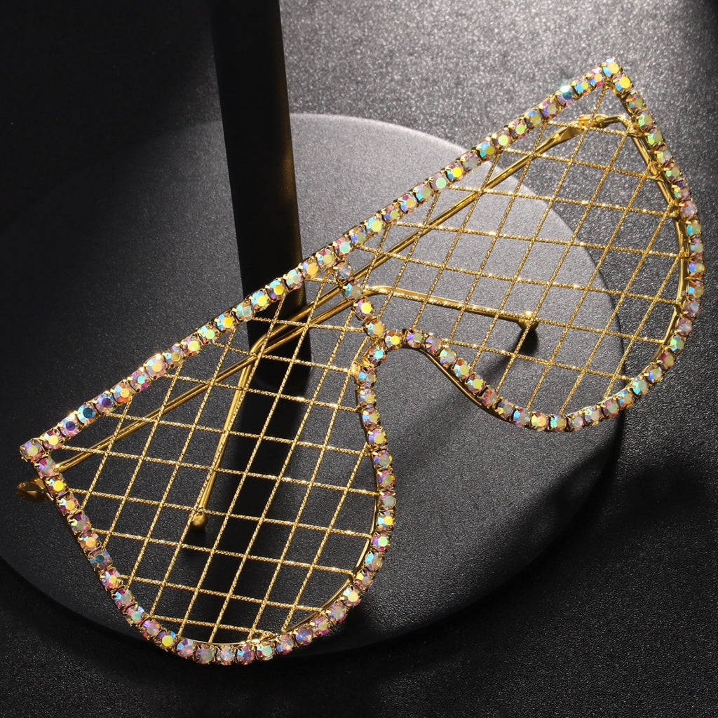 Geometric Grid Eyeglass Frames – Trendy Rhinestone Cutout Lensless Street-Style Design